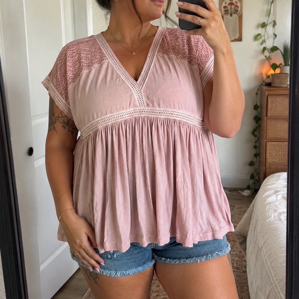 POL Pink Eyelet Lace Babydoll Top Boho Indie V-Neck L cottagecore prairie girly